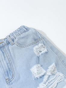 Teen Girl New Ripped Hem Fringed Low-Rise Fashionable Denim Shorts - Light Wash - View 5