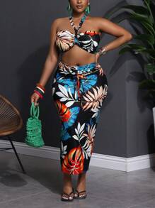 Slaydiva Plus Size Vrouwen Tropische Bloemenprint Halter Hals Tank Top & Getailleerde Rok 2-delige Set, Geschikt Voor Strand Resort