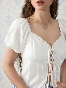 SHEIN MOD Sweetheart Neck Puff Sleeve Tie Front White Blouse,Vintage,Tropical , Elegant,Vacation ,Tea Party ,Coquette Blouse - White - View 3