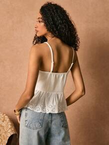 Poéselle 素色網眼刺繡荷葉邊吊帶上衣 - 米色 - 查看 2