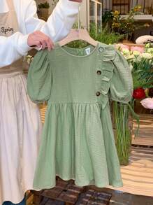 LMoss Kids LMoss Young Girl Woven Solid Color Round Neck Ruffled Hem Fitted Dress - Green - View 3
