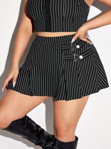 SHEIN ICON 大码条纹褶皱迷你裙，金属扣装饰，Y2K 风格 - 黑與白 - 查看 1