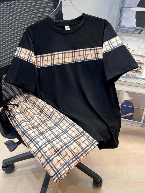 SHEIN Lässiges, luftiges Karomuster Patchwork Kontrast-Farben Kurzarm T-Shirt und Shorts Set für Teenager Jungen