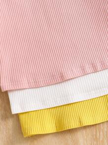 SHEIN Leap Crew 3 Piece Set: Young Girl Solid Color Knit Round Neck T-Shirt With Woven Mesh Sleeves - Multicolor - View 5