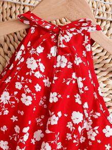 SHEIN Leap Crew Young Girl Woven Ditsy Floral Sleeveless Romper - Red - View 5
