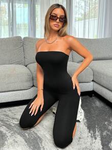 Siren Gaze 女式無肩帶連身褲，拖地褲管，修身版型 - 黑色 - 查看 5