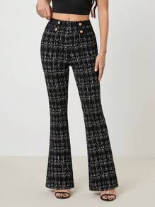 SHEIN Tall Women's Fashion Plaid Slim Flared Pants, Commuter Style - Black - View 4