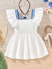 Blusa casual de vacaciones con estampado azul y ribete de volantes para niña preadolescente