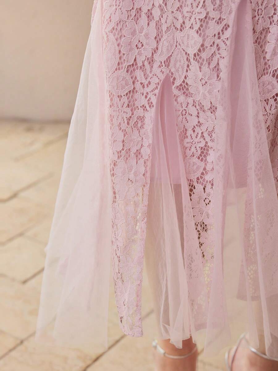 MOTF PREMIUM LACE CONTRAST MESH BIAS CUT DRESS - Pink - View 2