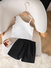 SHEIN 2pcs/Set Girls Solid Color 3D Flower Decor Sleeveless Top And Shorts Set - Multicolor - View 2