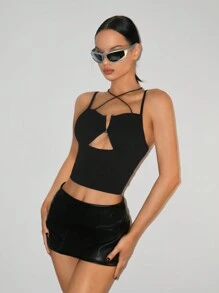 SHEIN ICON Women's Hollow Neck Metallic Detail Black Top - Black - View 4