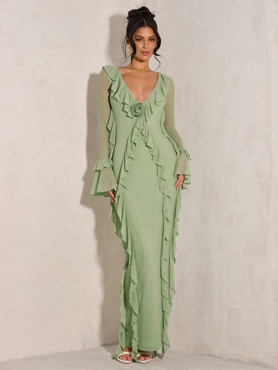 SHEIN BAE 女士纯红色深 V 领荷叶边长袖连衣裙，性感、优雅、简约，适合分层搭配、鸡尾酒会、浪漫约会、秋冬季；也适合伴娘、派对、婚礼、万圣节、圣诞节 - 薄荷綠 - 查看 1