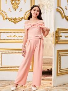 2pcs Tween Girl Casual Cute Bow Decor Camisole Top And Wide Leg Pants Set, Suitable For Commuting And Shopping - Pink - View 1