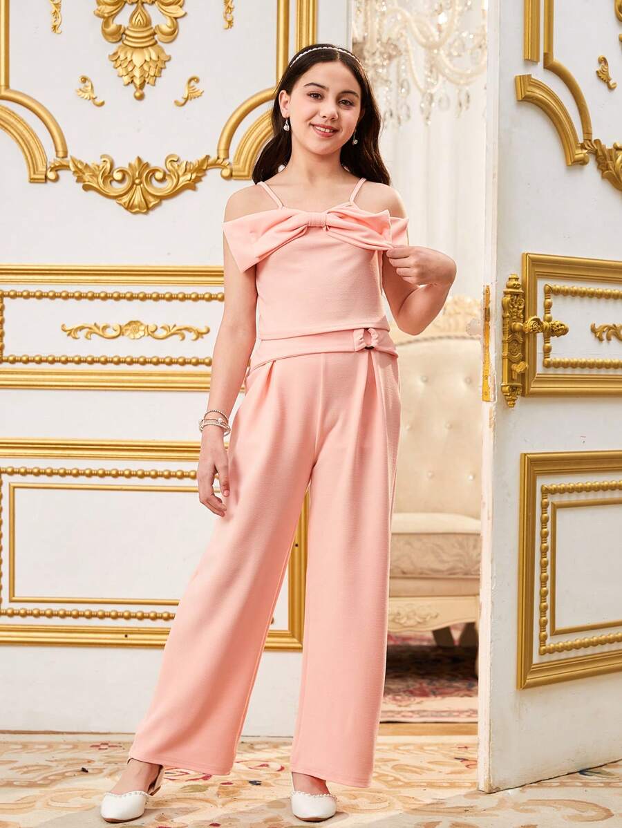 2pcs Tween Girl Casual Cute Bow Decor Camisole Top And Wide Leg Pants Set, Suitable For Commuting And Shopping - Pink - View 1