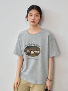 Dazy-Less Loose Casual Business Letter & Graphic Print Short Sleeve Women T-Shirt Old Money Style Summer - Grey - View 9