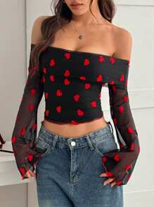 SHEIN EZwear 女士露肩长袖全身心形印花简约休闲上衣，适合日常穿着 - 黑色 - 查看 4