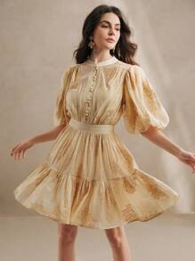 Anewsta 浪漫泡泡袖优雅镂空圆领蝙蝠袖 T 恤搭配吊带背心裙，适合约会、派对、海滩、女士春季装 - 卡其色 - 查看 4