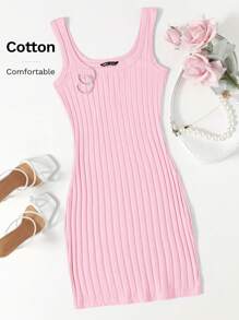 SHEIN Essnce Váy ba lỗ có gân dọc màu trơn Jianyun thời trang dành cho nữ - Màu Hồng baby - Xem 7
