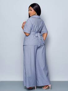 SOLERSUN 大码夏季条纹印花纽扣前不对称下摆衬衫和阔腿裤套装，秋季服装，优雅，日常通勤旅行休闲两件套