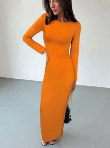 Aloruh Women's Backless Solid Color Casual Dress, Simple Style For Everyday Wear - Orange - View 5