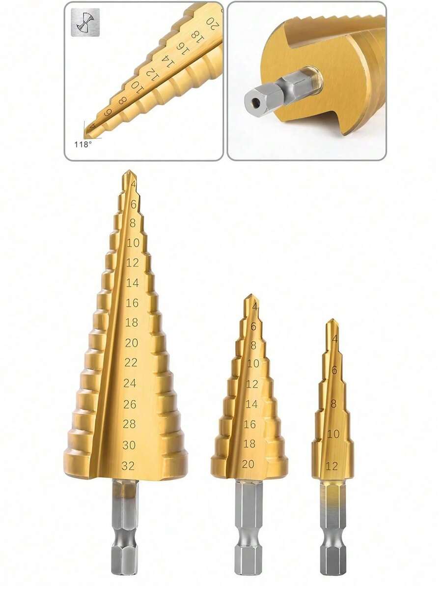 1PC HSS Step Cone Drill Bits Set, Hex Shank Step Drill (3-12/4-20/4-32mm) Titanium Bit Hole Cutter For DIY Wood, Metal, Stainless Steel, Sheet Metal - Yellow - View 1