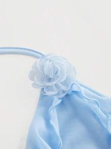 SHEIN MOD 夏季浪漫浅蓝色荷叶边丝带和 3D 花朵系带领上衣夏季女式上衣音乐会女式性感露背上衣 - 淺藍色 - 查看 3