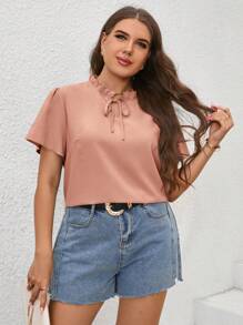 SHEIN Clasi Blusa de manga abullonada con cuello anudado de unicolor para tallas grandes, de estilo casual de verano