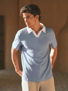 HIMLAND Men's Woven Casual Regular Fit Short Sleeve Polo Shirt, Old Money - Blue - View 5