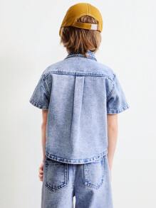 SHEIN Young Boy Casual Washed Denim Short Sleeve Shirt And Pants 2Pcs Set - Blue - View 2