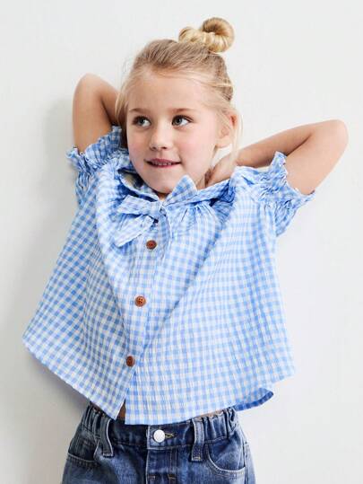 SHEIN Blusas amplias de estilo primavera, estampado de cuadros azules, con cuello de encaje de moño, mangas abullonadas y bajo campana para niñas jóvenes, para el bosque y vacaciones