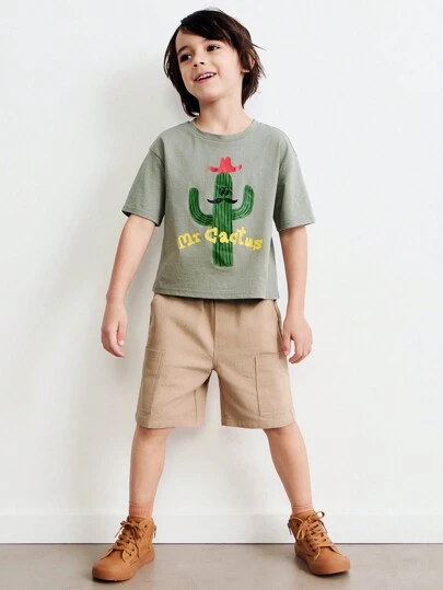 SHEIN Young Boys Cute Cactus Graphic Tee & Loose Khaki Shorts Set, Casual Everyday Wear, Spring
