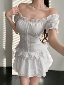 DAZY Lace Jacquard Ruffle Trim Off Shoulder Women's Dress Summer,Milkmaid Dress Sundress,Casual Women Dresses