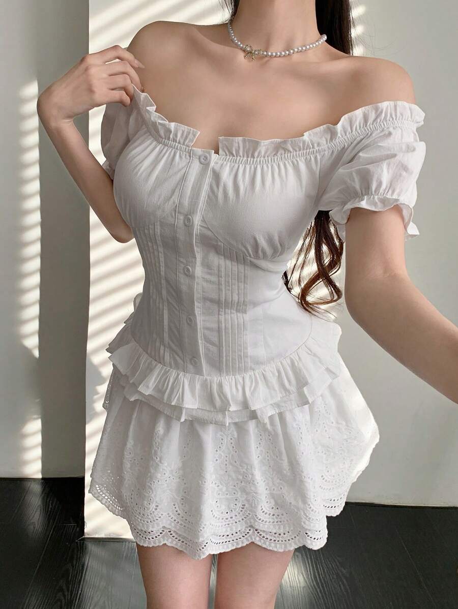 DAZY Lace Jacquard Ruffle Trim Off Shoulder Women's Dress Summer,Milkmaid Dress Sundress,Casual Women Dresses