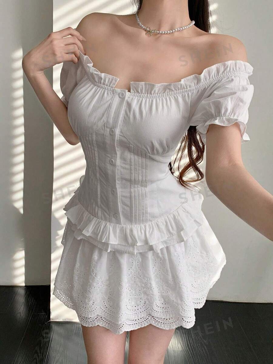 DAZY Vestido de mujer con hombros descubiertos, volantes y encaje jacquard para el verano. Vestido estilo campestre, vestido casual para mujer. - Blanco - Ver 1