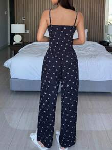 DAZY All-Over Print Asymmetrical Fitted Camisole & Straight Leg Loose Pants Pajama Set - Navy Blue - View 2
