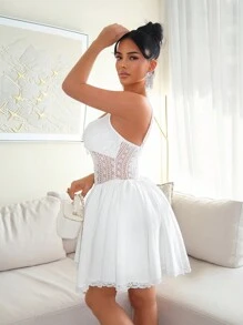 SHEIN SXY Women's Summer Casual Minimalist Mini Dress, Fashionable For Daily Wear,White Dresses For Women, Bridal Shower Dress White,Birthday Dresses For Women Women Formal, Prom Dresses For Women,Sexy,Lace - White - View 7