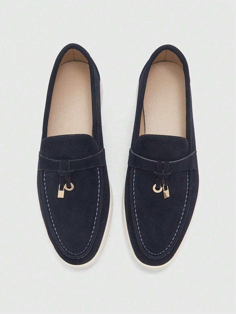 CUCCOO BIZCHIC 女士金属装饰简约平底乐福鞋，休闲日常穿着 - 藏蓝色 - 查看 1