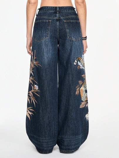Grunge Punk Vintage Street Chic Chinese Style Tiger & Floral Embroidered Loose Wide Leg Jeans, Unisex