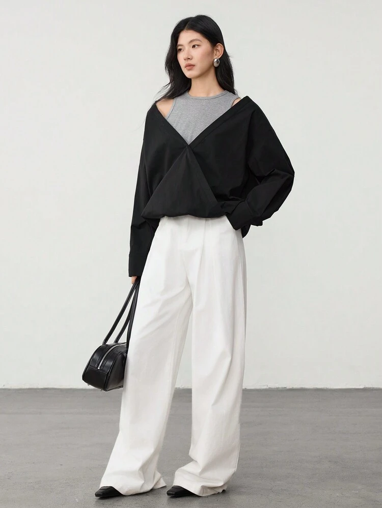 Women's Color Block Long Sleeve Shirt With 2 In 1 Design,Fall Women Clothes