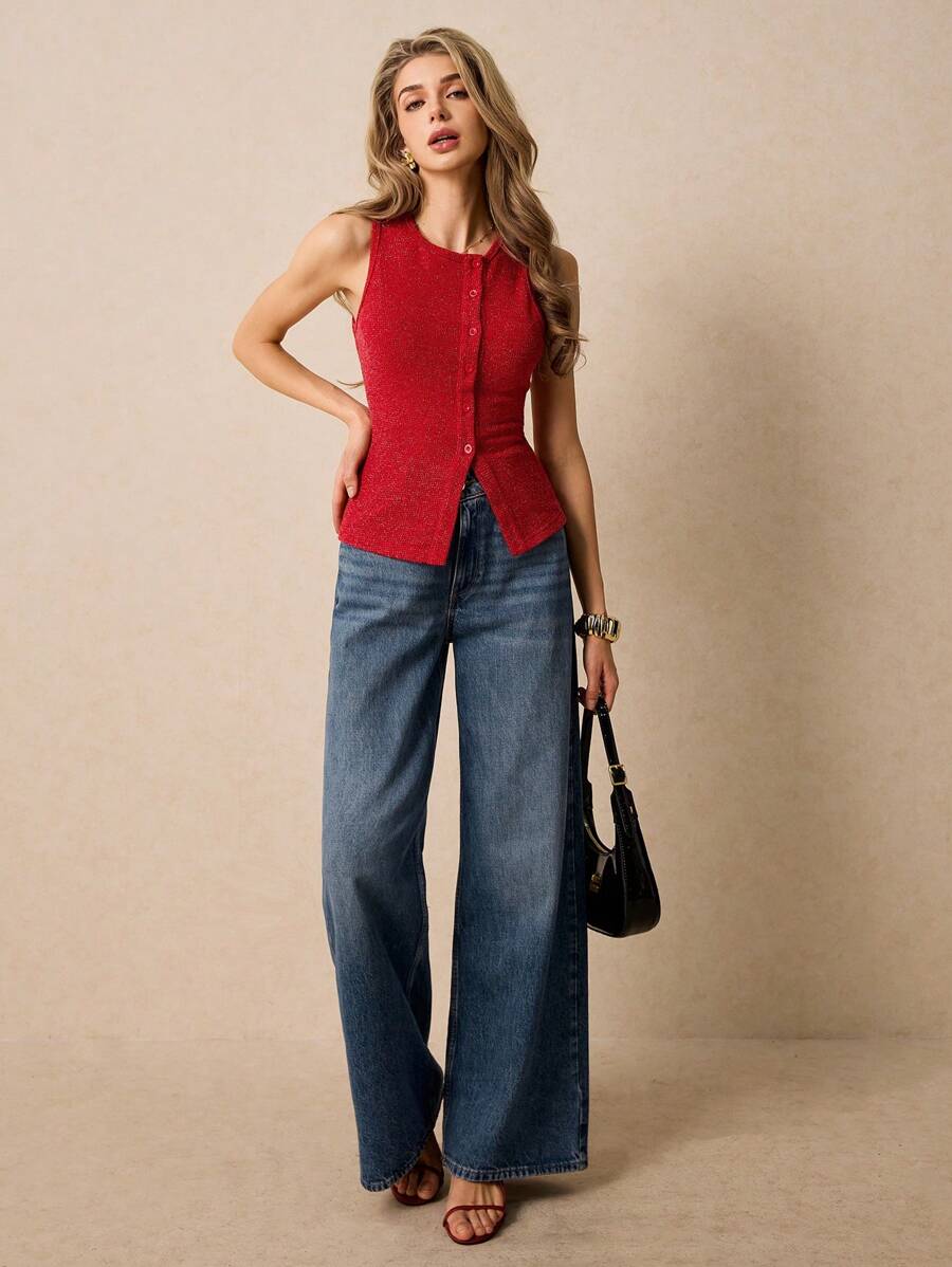 Poéselle Women's Plain Single-Breasted Round Neck Casual Tank Top