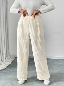 SHEIN Unity Plus Size Women Solid Color Elastic Waist Loose Casual Wide Leg Pants Fall Cloth For Women - Beige - View 5