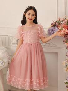 SHEIN Tween Girl 泡泡袖圆领中长花卉贴花连衣裙