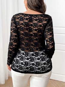 SHEIN Clasi Camiseta negra de manga larga, ajustada, con escote cuadrado, de encaje con parche, elegante y sexy para oficina, de uso casual, talla grande, para primavera/verano/otoño. - Negro - Ver 2