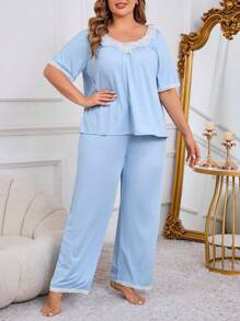 Plus Size Women Lace Patchwork Simple Pajama Set