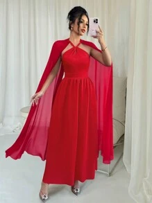 SHEIN Unity Summer Women's Holiday Party Outfits Long Women's Valentine's Day Halter Neck Red Chiffon Splicing Cape Dress - Red - View 3