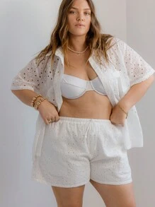 Aralina Curve Embroidery Summer Vacation Beach Short-Sleeve Button-Front Blouse - White - View 6