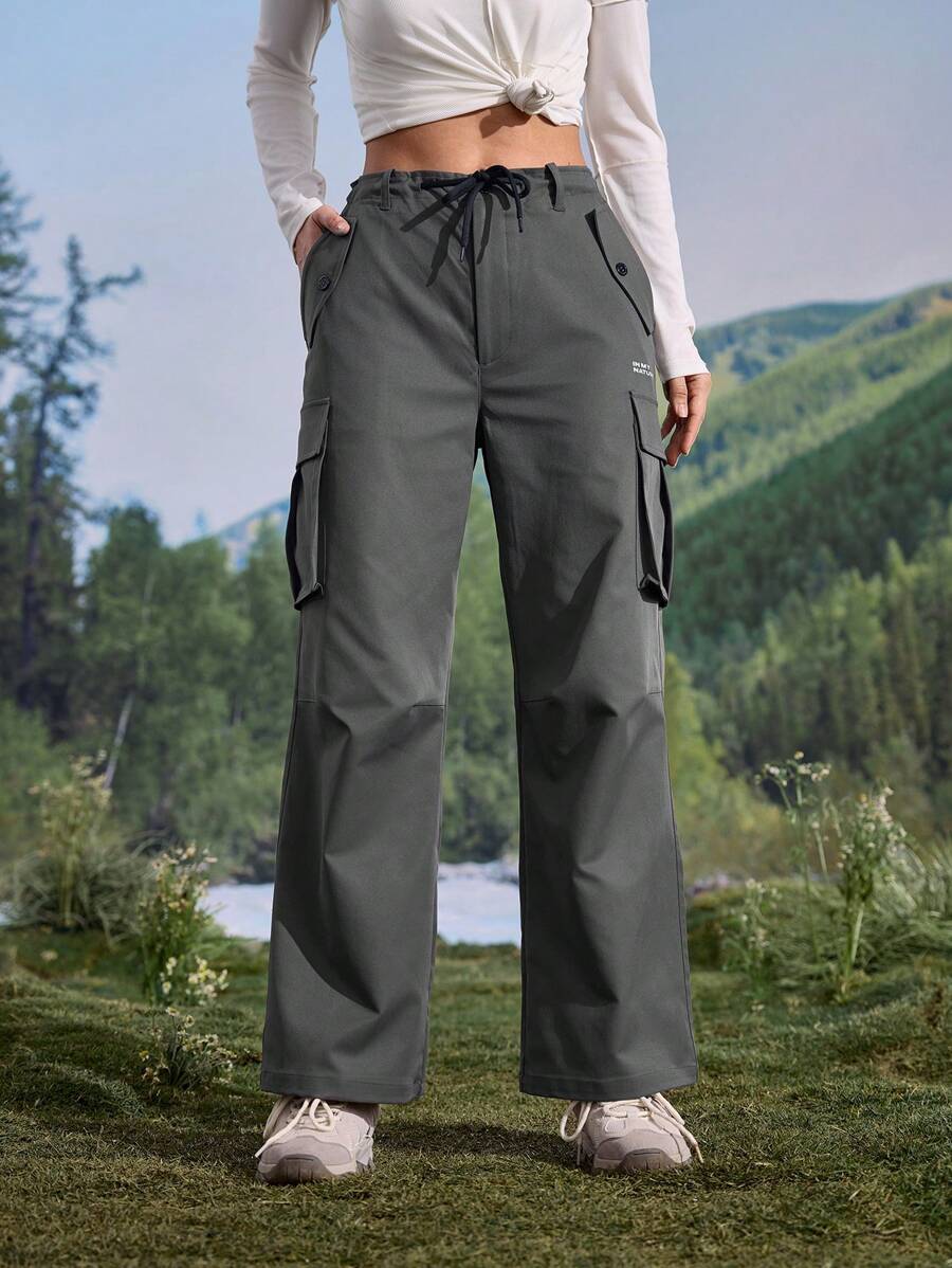 In My Nature Women's Casual Minimalist Drawstring Waist Cargo Hiking Pants - Dark Grey - View 1