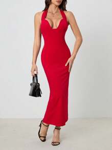 SHEIN Tall Ui Cut-Out Neck Line Long Bodycon Dress For Women - Red - View 5