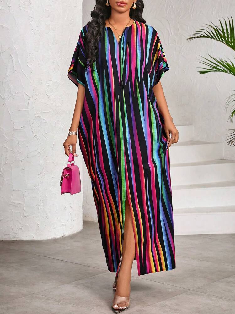 SHEIN Lady Elegant Casual Work Party Color Stripes Print V Neck Slit Butterfly Sleeve Women Dresses Long Dress - Multicolor - View 3