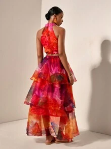 Zivah 2 件套情人节扎染露背上衣搭配多层荷叶边裙